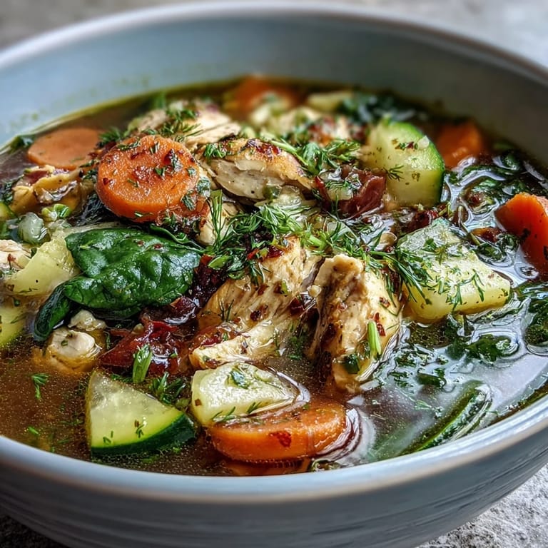 Enjoy a comforting bowl of One-Pot Chicken and Veggie Detox Soup with lemon, fresh parsley, and dill, offering a flavorful and healthy reset any day.