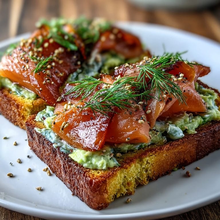 Golden keto avocado toast with rich smoked salmon, zesty lemon mashed avocado, and crunchy everything seasoning for a satisfying breakfast.