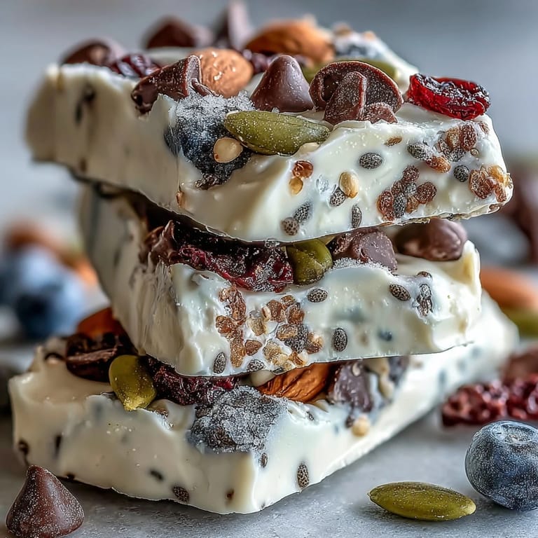 High-protein yogurt bark with vibrant mixed berries and crunchy seeds, perfect for a quick, healthy morning snack.  