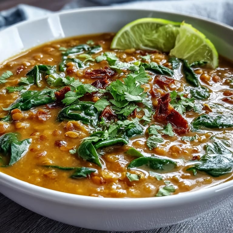 Comforting vegan lentil curry simmered in coconut milk, packed with warming spices, tender lentils, and bright spinach, ready to enjoy.