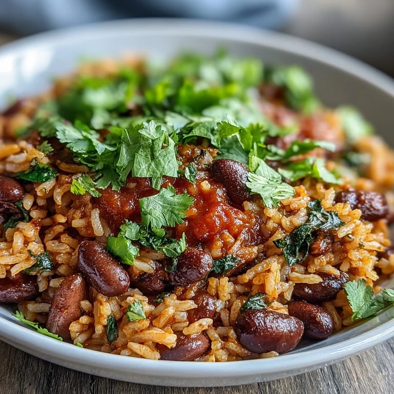 Close-up of Spanish rice and beans, featuring tender grains, hearty black beans, and aromatic spices in a comforting, gluten-free dish.