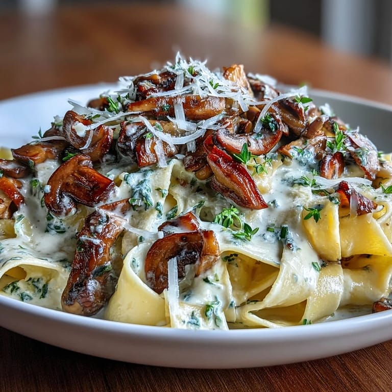 Tender pappardelle pasta tossed in a creamy mushroom sauce with fresh thyme.