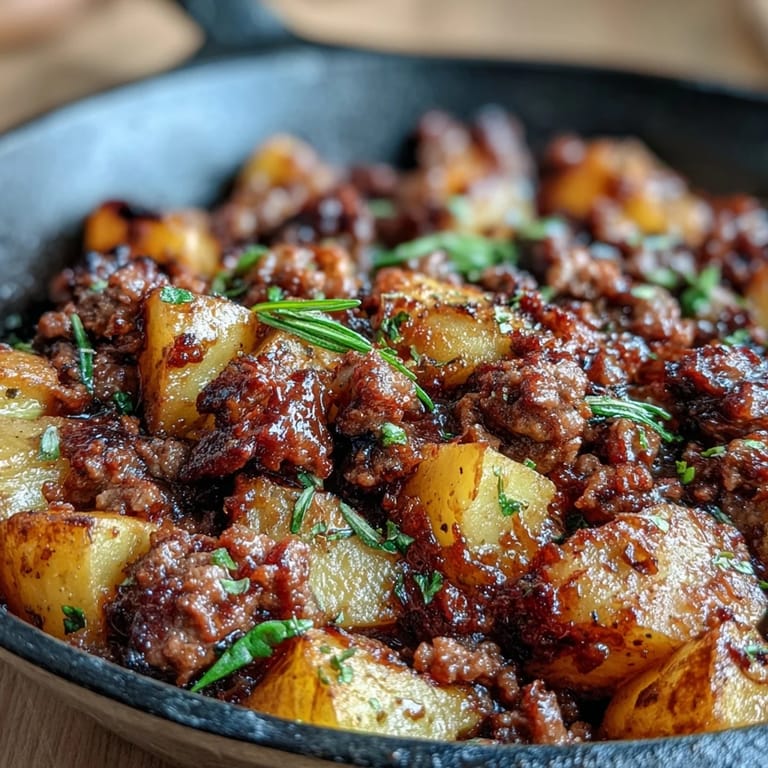 Protein-packed dinner of browned ground beef and crispy potatoes simmered in flavorful broth.