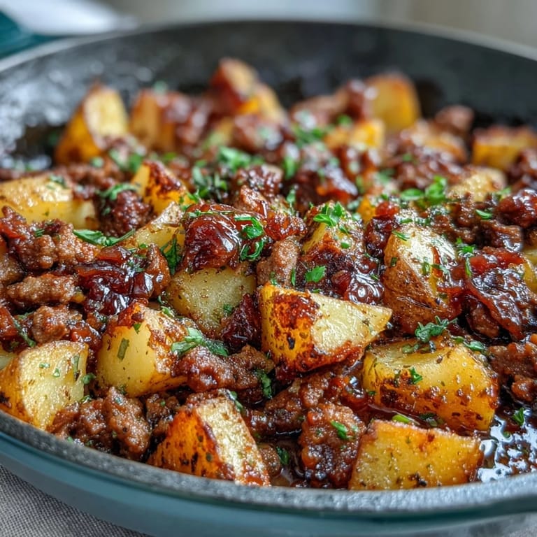 Hearty one-pan dish featuring seasoned ground beef, diced potatoes, and rich tomato sauce.