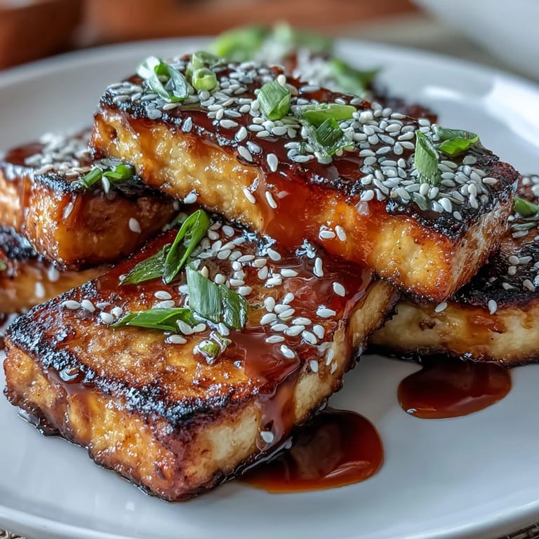 Golden pan-seared tofu slabs coated in black and white sesame seeds, drizzled with homemade teriyaki for an Asian-inspired dish.  
