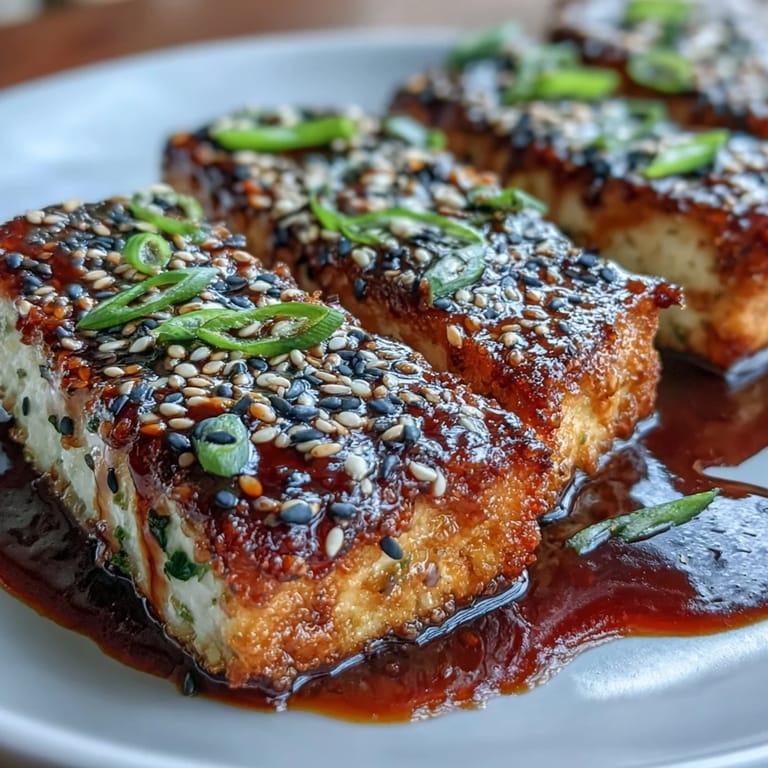 Crunchy sesame crusted tofu steaks with rich teriyaki glaze, served with steamed rice for a protein-packed vegan dinner.