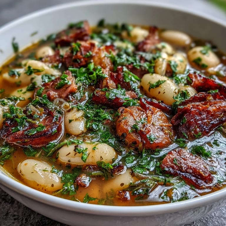 Close-up of hearty bean soup with tender smoked ham, creamy potatoes, and vibrant vegetables simmering in a rustic pot.  