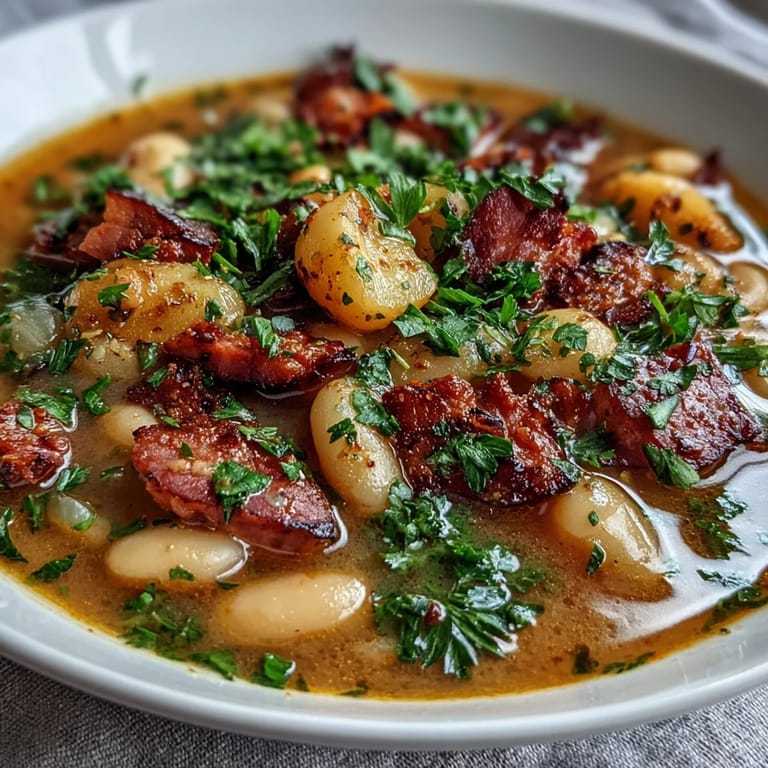 Savory bean soup with smoked ham and diced potatoes, served hot with crusty bread for a comforting winter meal.
