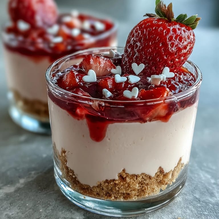 Creamy vanilla cheesecake layered with sweet macerated strawberries in individual cups, topped with fresh strawberry halves and festive sprinkles.  