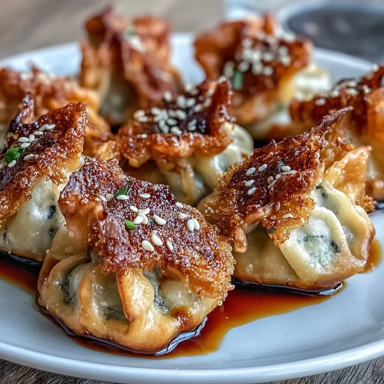 Savory chicken dumplings air fried to perfection, served with a tangy sesame soy dipping sauce for a delightful Asian-inspired treat.  