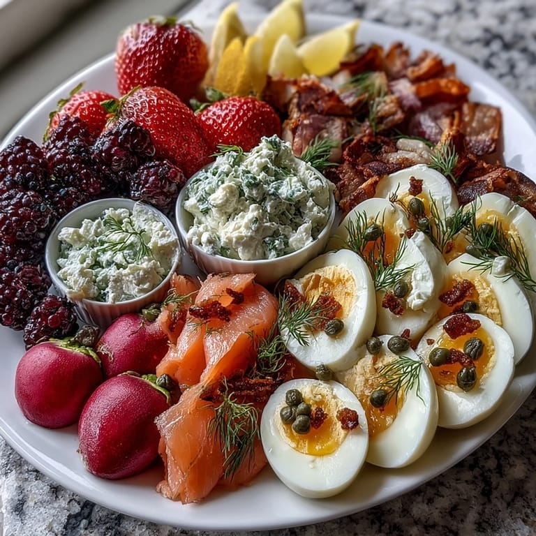 A colorful Galentines Brunch Board with Bagels, Lox, and Berries, artfully arranged with vibrant fruits, sliced eggs, and fresh herbs for an Instagram-worthy brunch centerpiece.