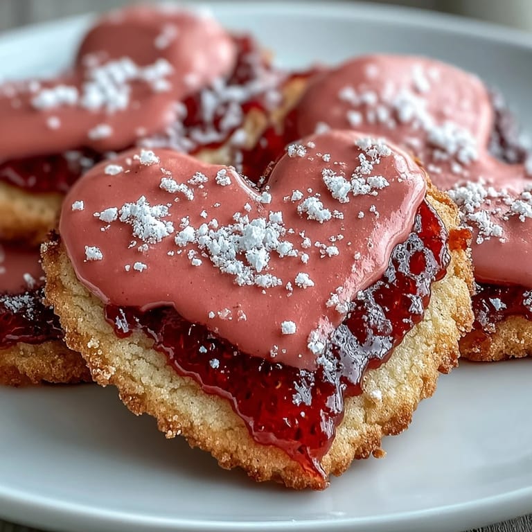 Delicate sugar cookies decorated with vibrant pink strawberry icing, ideal for sharing on Valentine's Day.