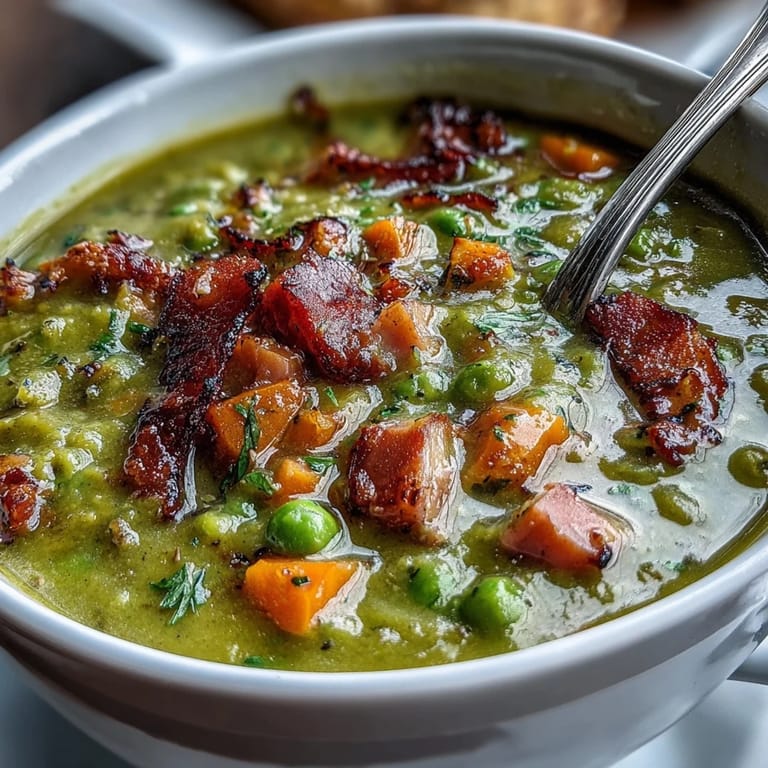 Creamy ham and split pea soup loaded with sweet carrots and savory ham chunks, ideal for hearty family dinners.