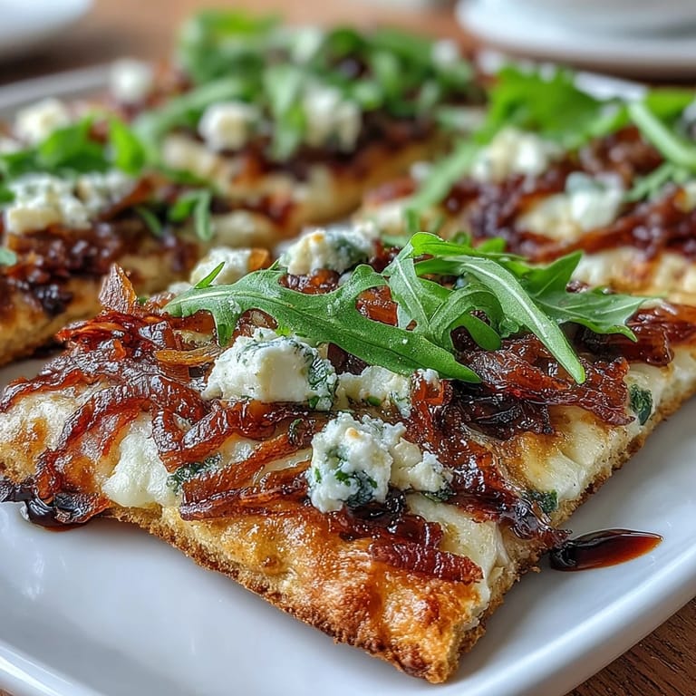 Savory flatbread pizza loaded with sweet caramelized onions, gooey mozzarella, crumbled goat cheese, and fresh arugula, finished with balsamic glaze for an elegant touch.