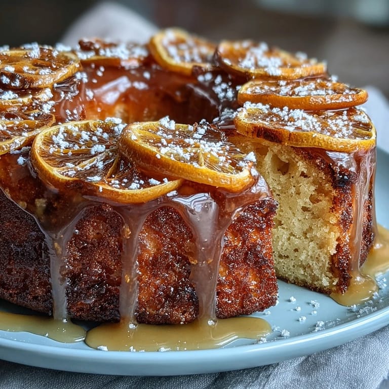 Rich olive oil cake topped with homemade candied oranges and a tangy citrus glaze, perfect for afternoon tea or dessert.  
