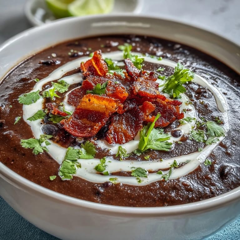 Rich black bean soup blended smooth and garnished with bacon, lime crema, and fresh herbs—perfect for cozy dinners.