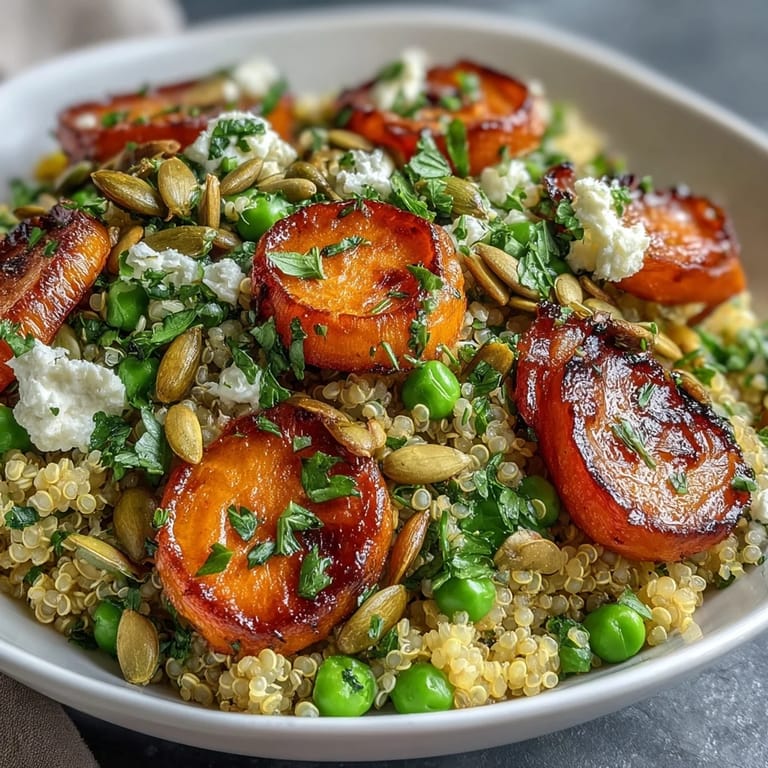 Vibrant bowl of fluffy quinoa, sweet roasted carrots, and bright green peas, garnished with parsley and feta.