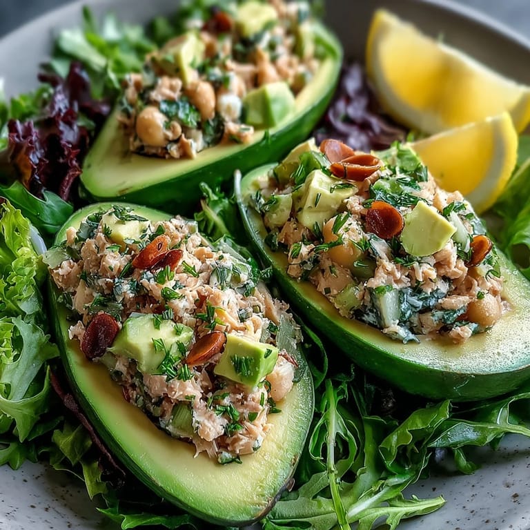 Avocado halves filled with protein-rich chickpea tuna salad, served on a bed of mixed greens for freshness.
