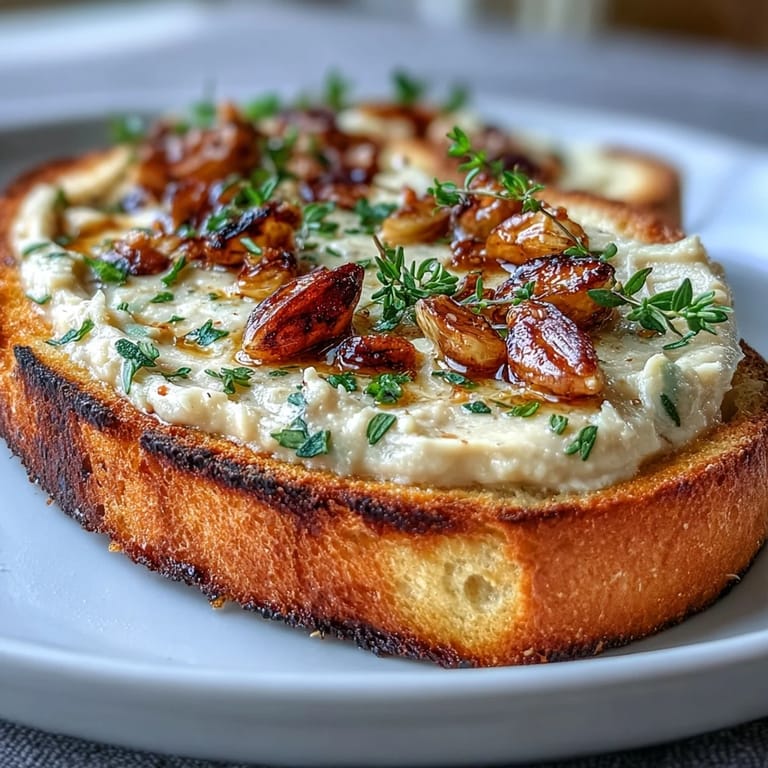 Golden roasted garlic cloves blended with cannellini beans for a smooth, savory spread, perfect for serving on toasted sourdough bread.