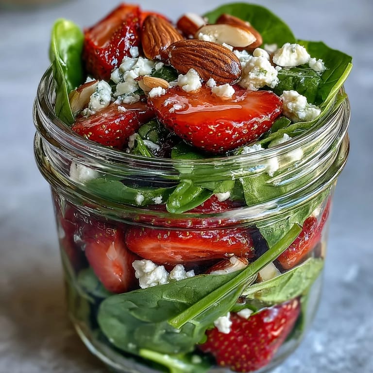 Colorful mason jar salads featuring sweet strawberries, baby spinach, toasted almonds, and tangy balsamic dressing — a perfect grab-and-go lunch for busy days.