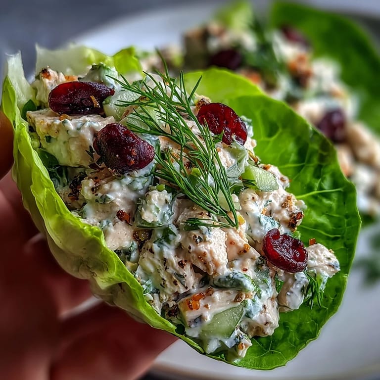 Protein-packed chicken salad with Greek yogurt, grapes, and crunchy lettuce wraps.  