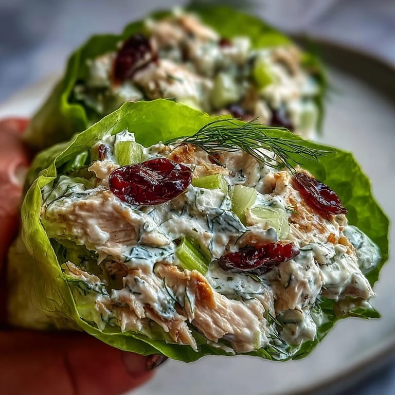Healthy Greek yogurt chicken salad served in lettuce leaves with sliced almonds.
