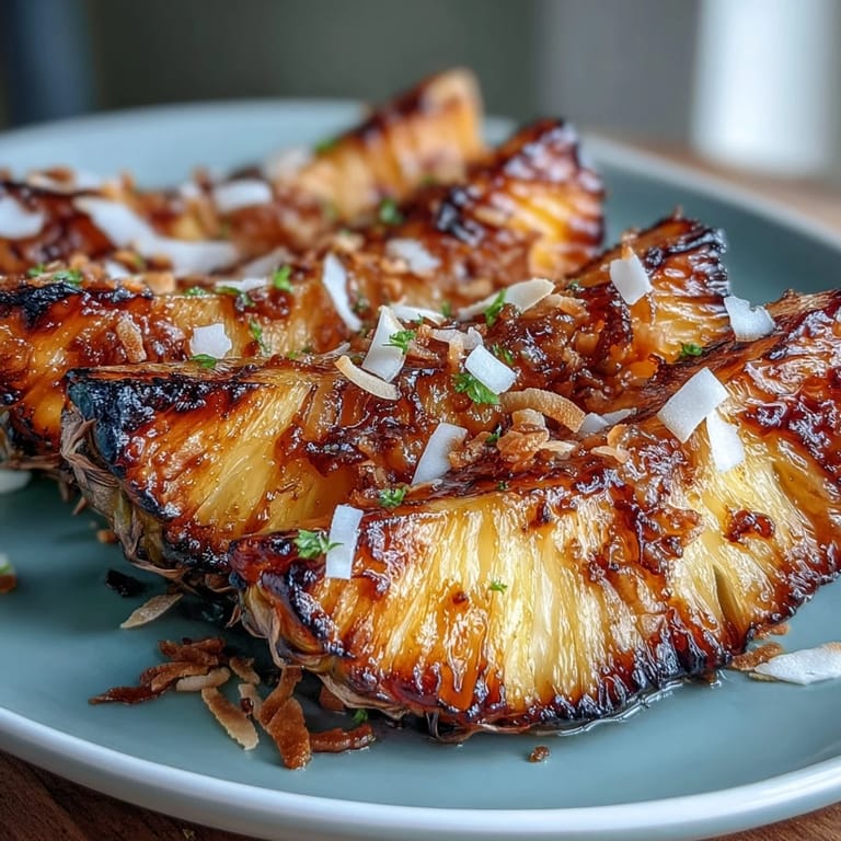 Sweet pineapple caramelized in a honey-lime glaze, finished with crunchy toasted coconut for a fragrant finish.  