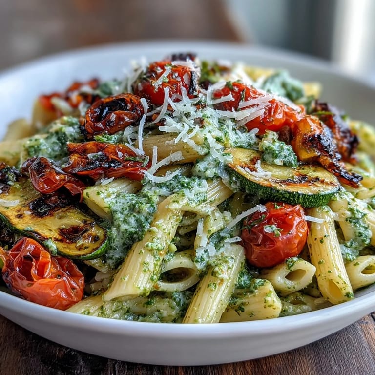 Colorful roasted vegetables and penne pasta tossed with vibrant basil pesto and sweet cherry tomatoes, perfect for a vegetarian dinner.  