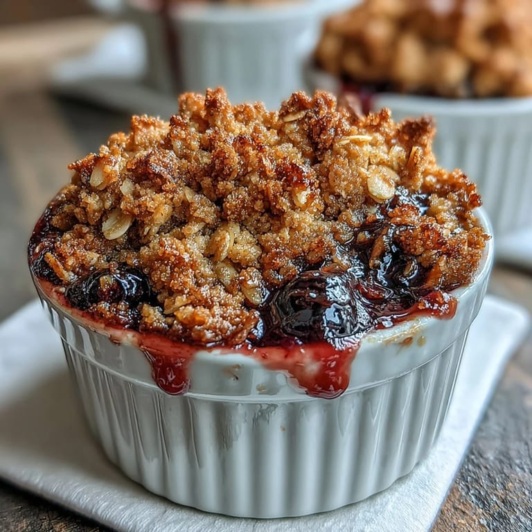 Crispy oat crumble topping over bubbling berries, baked golden brown and served warm in a cozy dessert dish.