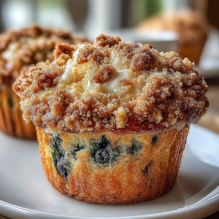 3. Soft sourdough muffins filled with plump blueberries and bright lemon flavor, crowned with a crunchy crumb topping.