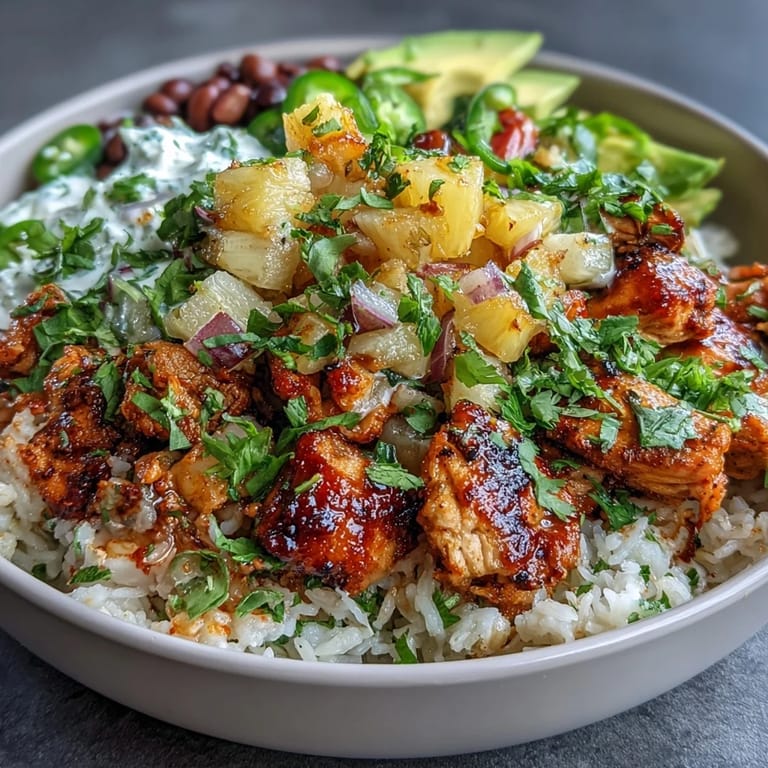 Tropical-inspired chicken pineapple taco bowls featuring juicy pineapple salsa, tender spiced chicken, and fluffy coconut rice for a flavorful feast.
