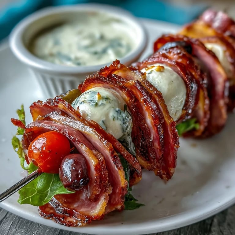 Italian sub skewers featuring layered meats, cheese, and marinated vegetables, served with a side of zesty homemade aioli for picnics or parties.