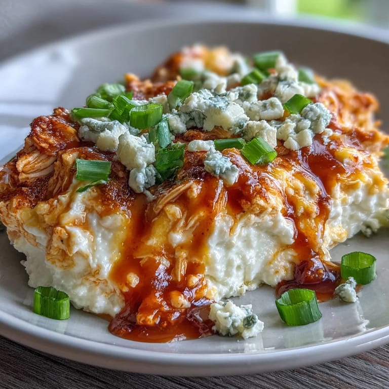 Creamy Buffalo chicken dip made with cottage cheese and Greek yogurt, served warm with crunchy celery and carrot sticks for dipping.  