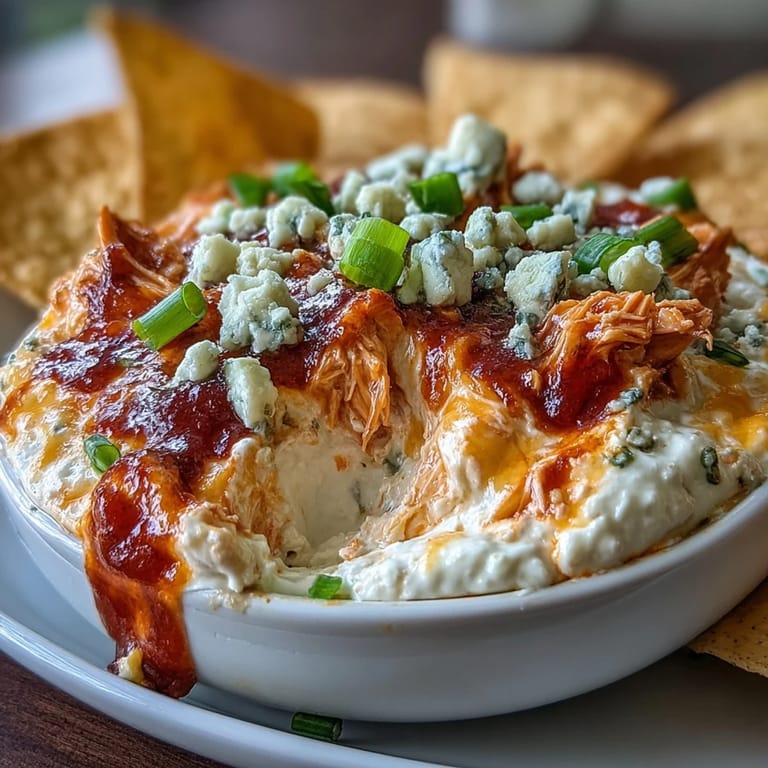 Spicy, protein-packed cottage cheese Buffalo chicken dip with melted cheddar and blue cheese crumbles, perfect for game day snacking.