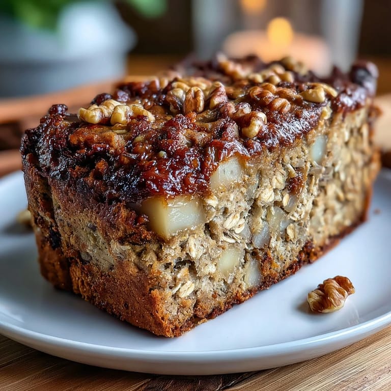 High-protein banana bread baked oats in a baking dish, with a soft, fluffy texture and a sprinkle of cinnamon on top.