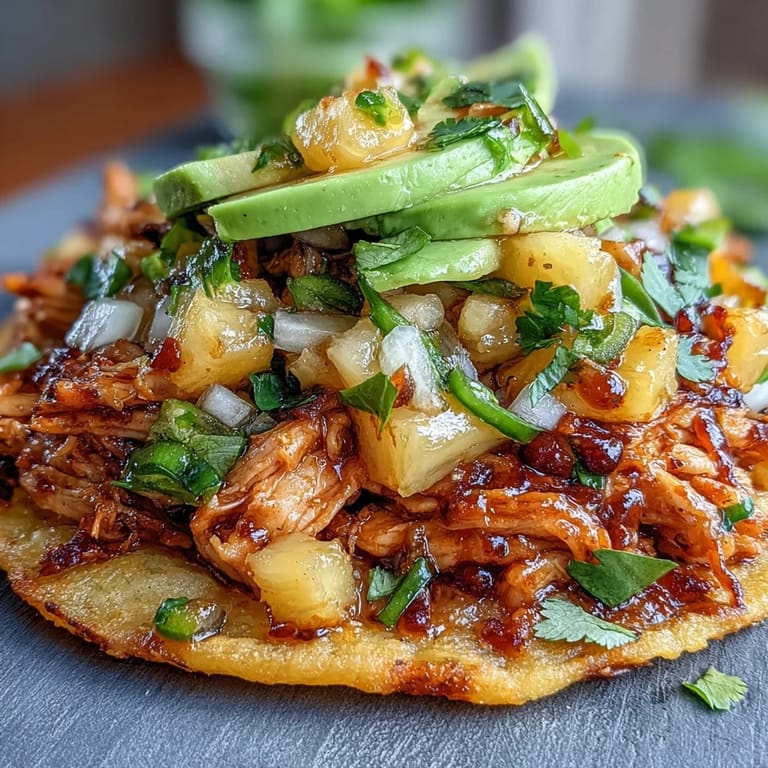 Juicy chicken and sweet pineapple salsa on crunchy tostadas, finished with avocado and a squeeze of lime for brightness.