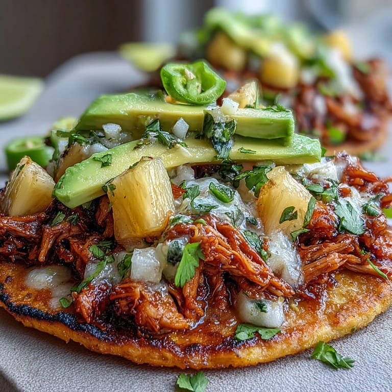 Golden tostada shells topped with smoky seasoned chicken, vibrant pineapple salsa, and cool avocado for a fresh meal.  
