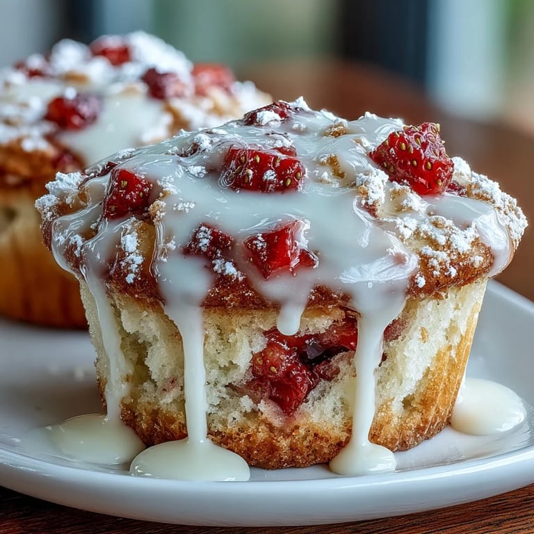 Homemade strawberry muffins bursting with juicy fruit and finished with a zesty lemon glaze for a refreshing treat.