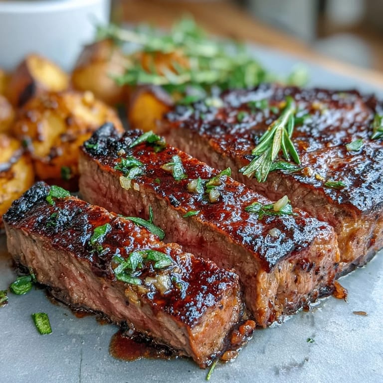 Flavorful steak bites and roasted potatoes coated in garlic butter, garnished with fresh herbs and lemon zest.
