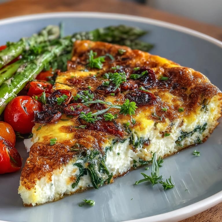 Colorful Spring Veggie Frittata with Asparagus and Goat Cheese, baked until perfectly set, topped with fresh herbs and juicy cherry tomatoes.