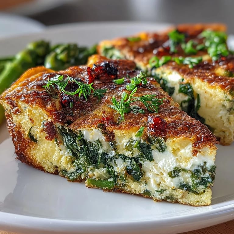 Savory Spring Veggie Frittata with Asparagus and Goat Cheese, featuring a medley of seasonal vegetables, baked to a light, golden finish.