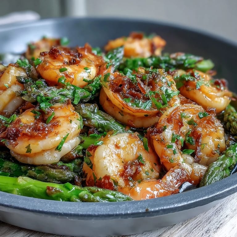 Succulent shrimp and crisp asparagus roasted in a zesty lemon-garlic sauce, an easy gluten-free main dish ready in 22 minutes.