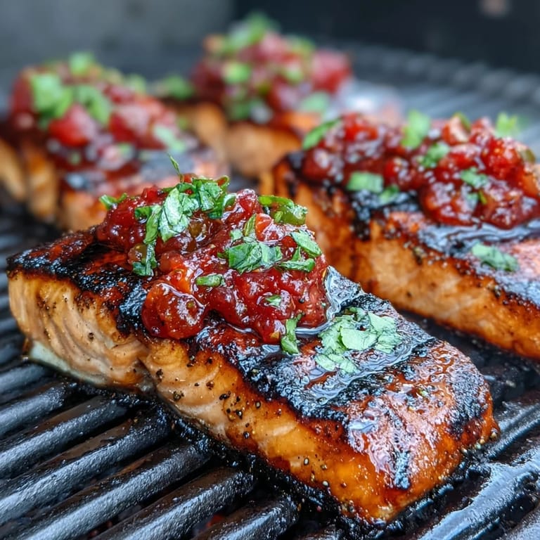 Zesty strawberry salsa crowns perfectly grilled salmon, offering a sweet and tangy contrast in this easy, healthy recipe.  