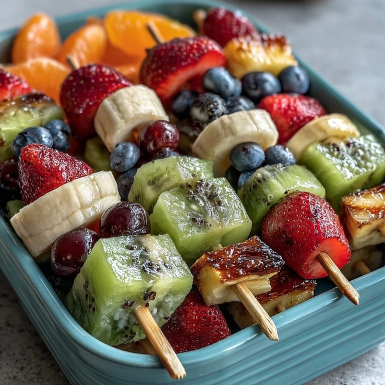 Bright and playful bento box featuring fruit skewers, creamy yogurt dip, and wholesome sides—perfect for kids' lunches.