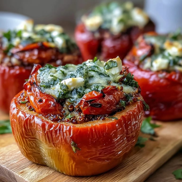 Colorful bell peppers stuffed with savory quinoa, herbs, and tomatoes, offering a vibrant and wholesome Mediterranean-inspired dinner option.