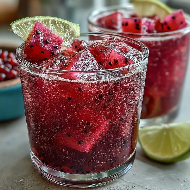 Creamy coconut milk blended with dragon fruit and strawberries creates a tropical, refreshing beverage with a bright fuchsia hue.