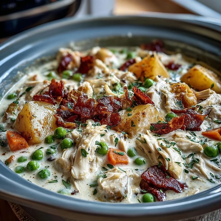 Slow Cooker Chicken Pot Pie Soup: golden chicken, creamy potatoes, and vibrant vegetables simmered to comforting perfection.