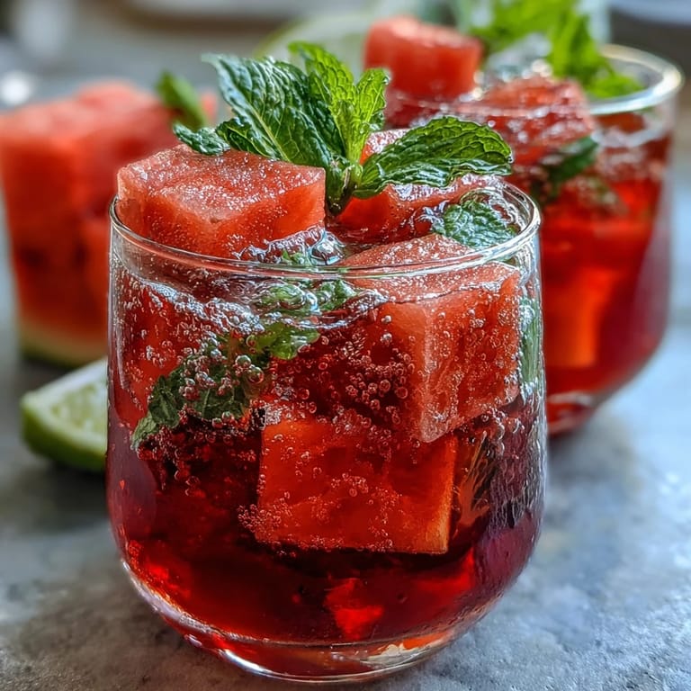 A chilled glass of Watermelon Mint Vodka Spritz Mocktail garnished with juicy watermelon wedges and sparkling bubbles for a festive vibe.