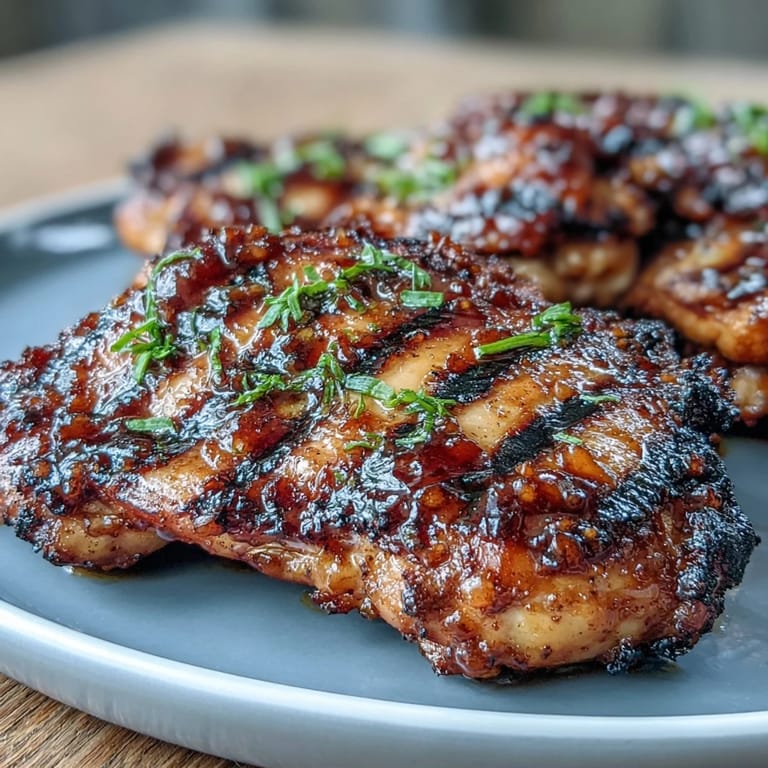 Sticky honey garlic glazed chicken thighs grilled to golden perfection, garnished with fresh herbs for a mouthwatering, easy main dish.