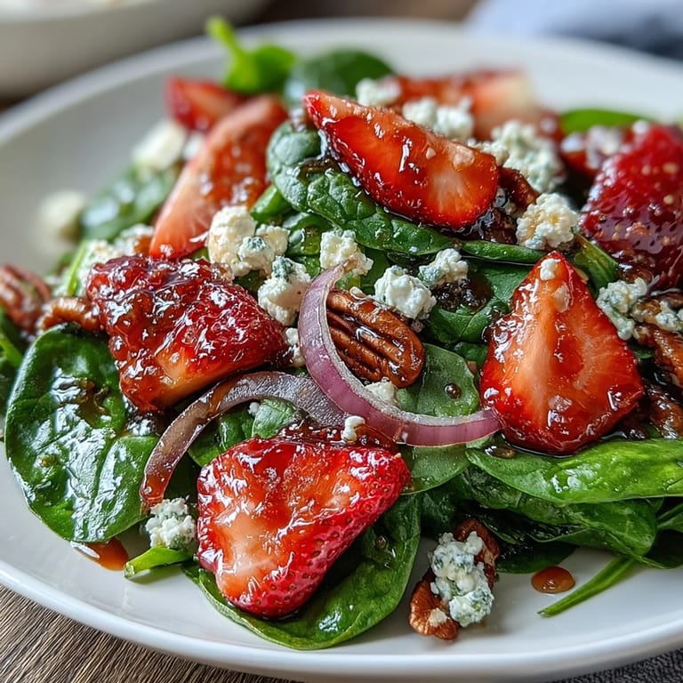 Fresh Spring Strawberry Spinach Salad bursting with juicy strawberries, creamy goat cheese, and crunchy candied pecans, perfect for Easter or brunch.  
